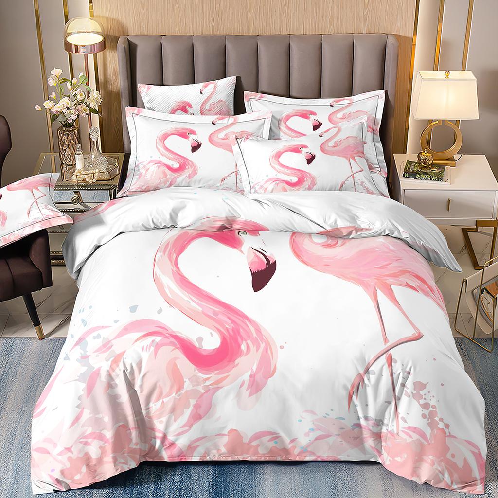 Flower Flamingo Bedding Set For Girl,Flamingos Full Bed Set,2 People Comforter Cover,Pink And Black Pdouble Bed Cover,Microfiber