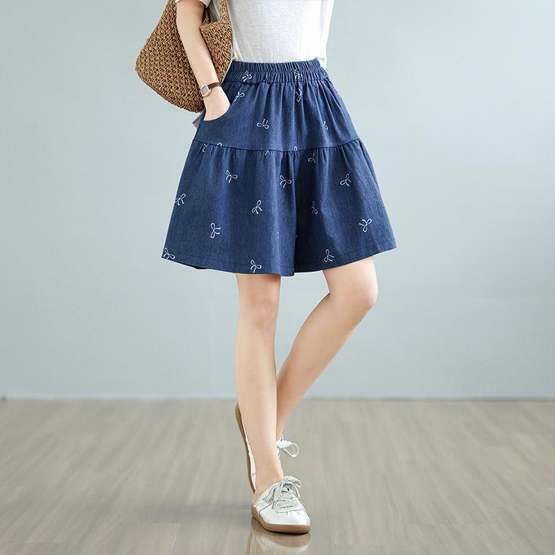 High waist plus size vintage Bow casual loose summer denim shorts for women short jeans
