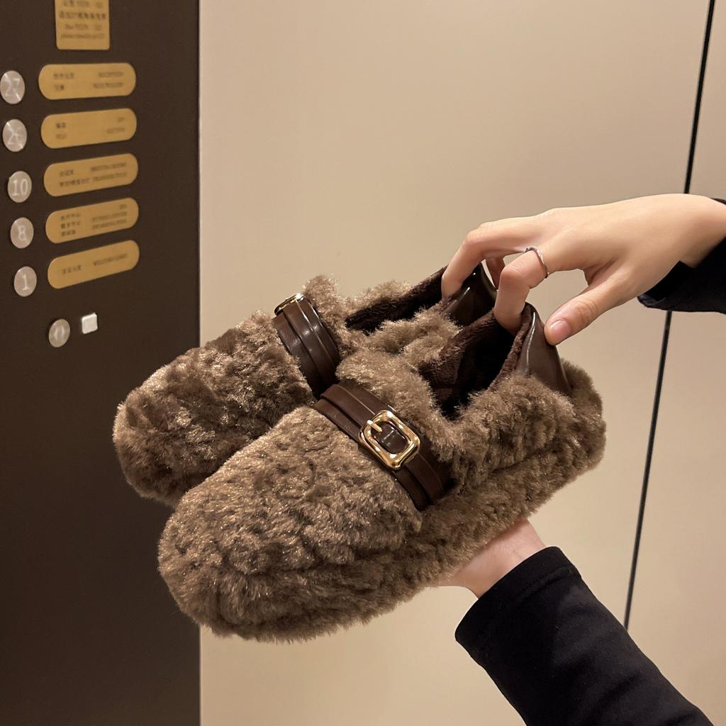 Thick-soled inner height-increasing fluffy shoes for women's outer wear 2025 new winter snow boots one-pedal evening shoes plush cotton shoes