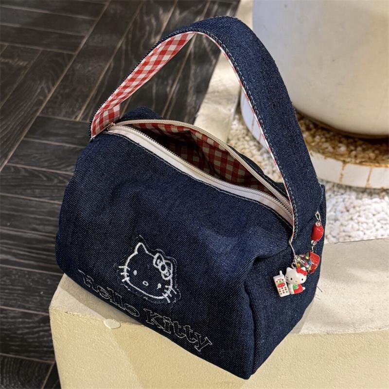 

Cute Hello Kitty Denim Cosmetic Bag Large Capacity Vintage Contrast Plaid Handbag Portable Storage Bag Girl Kt Bag Gifts