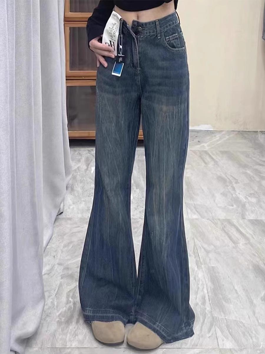 High-Waist American Retro Flare Jeans Women’s 2025 - Slimming, Frayed Hem, Floor-Length, Spring/Autumn. XXL