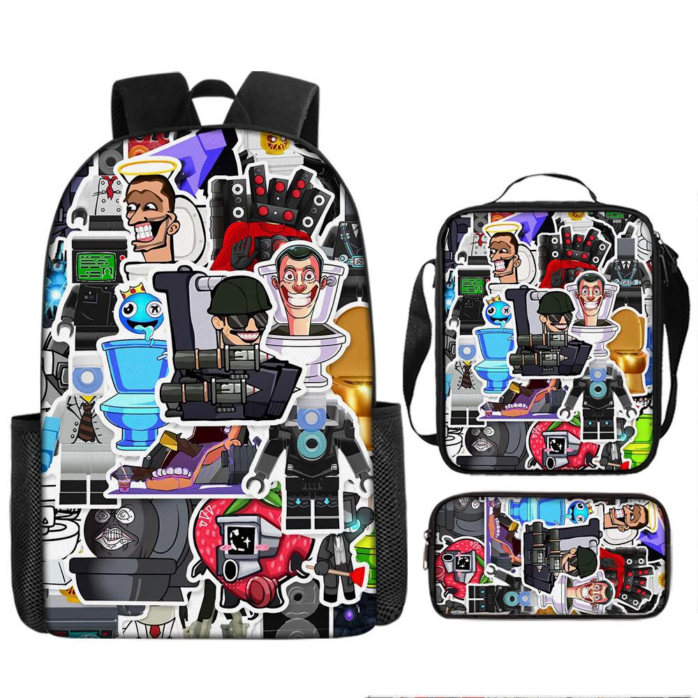 Toilet Man Backpack Trendy Backpack European and American Retro Schoolbag Cartoon Backpack Three-piece Set