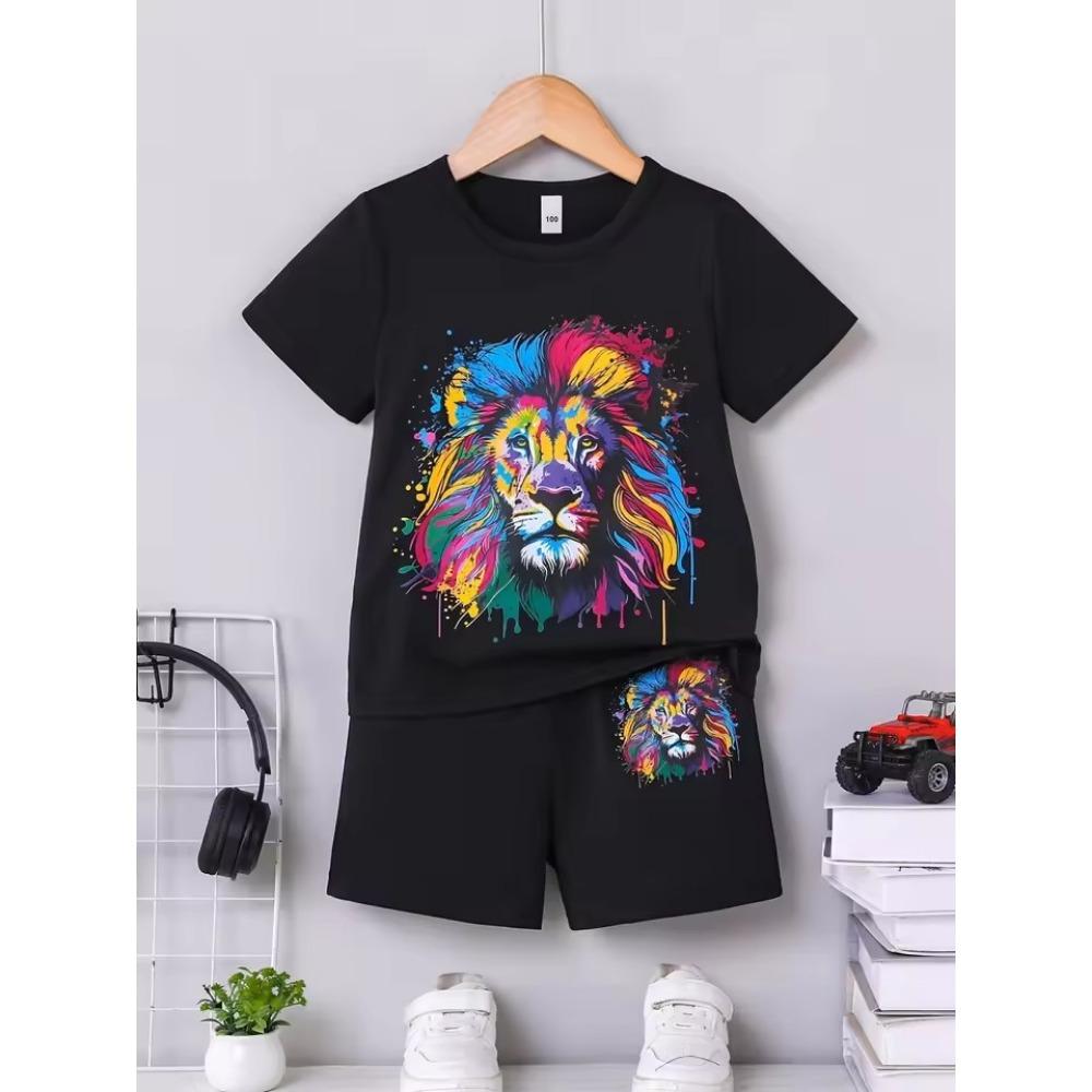 Summer New Children's Set Girls' Summer Set Short Sleeve T-shirt Boys' Shorts Crown 3D Printed Casual Round Neck Children's