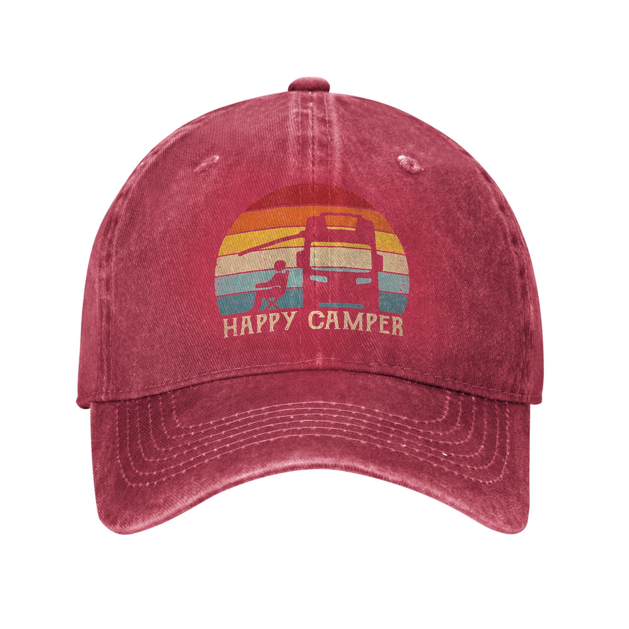 Unisex Women Happy Camper RV Camping Printed Hats Vintage Distressed Cotton  Baseball Cap Adjustable One Size