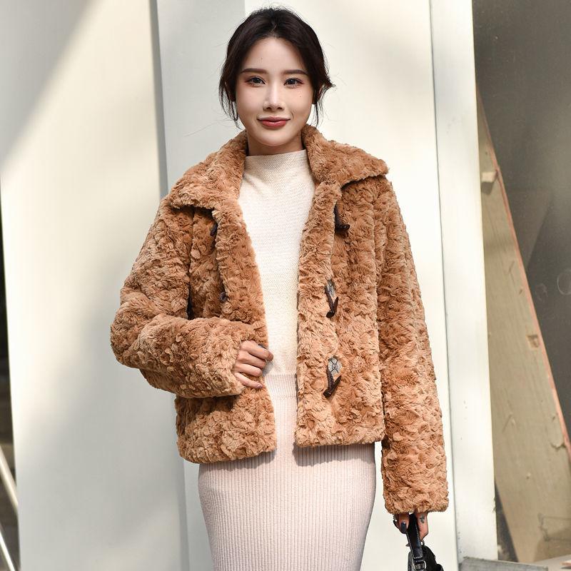Moda de alta calidad Otoño Invierno nuevo estampado abrigo de felpa piel de oveja femenina esquilando una lana