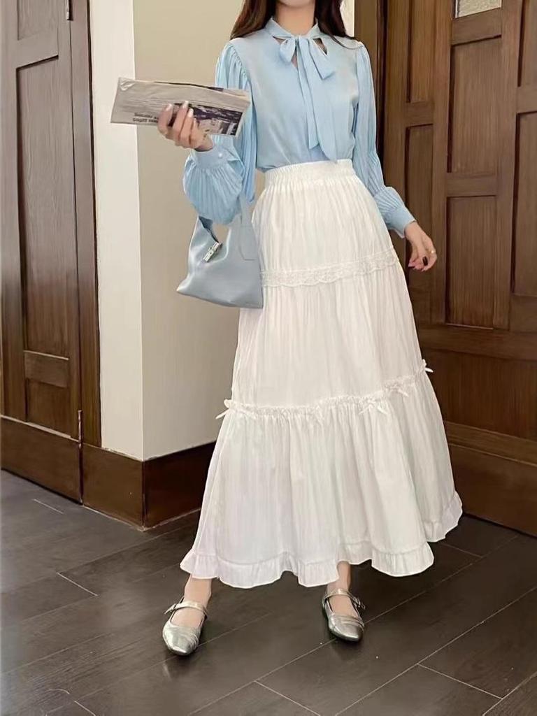 Women's Sweet Lace Patchwork Bow Ruffle Midi Skirt, Spring 2025