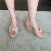 Women Wedge Shoes New Summer Outerwear Slip on Straw One Word Slippers Comfortable Non Slip Breathable Platform Sandals