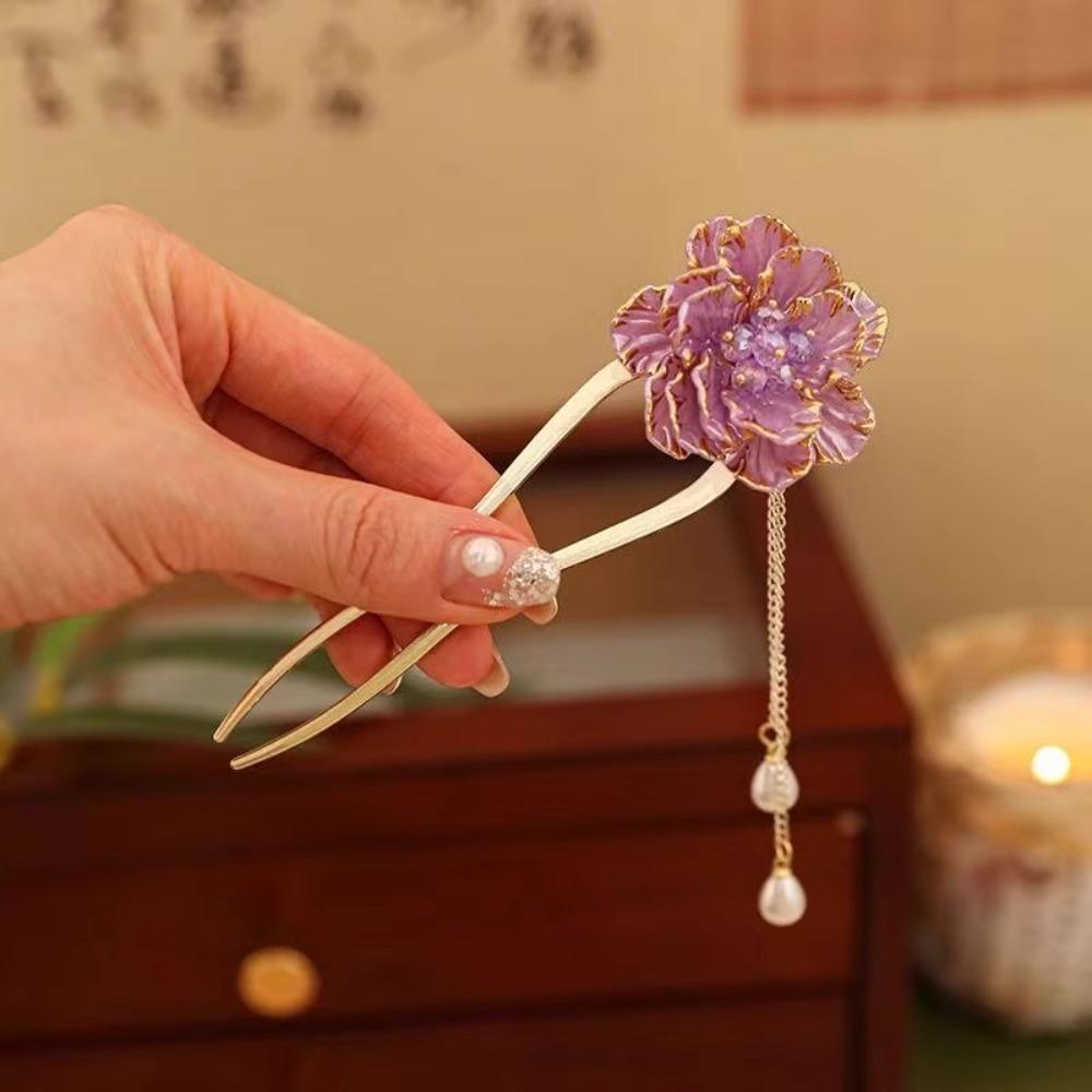 1pc Retro Chinese Style U Shaped Hair Sticks Forks Purple White Flower Designs Pearls Pendant Decor Women Hair Bun Maker Jewelry