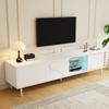 White TV Cabinet with Three Sliding Doors, MDF, Glass Shelf, App-controllable LED Lighting, Thin Steel Legs, Minimalist Living Room Storage Cabinet