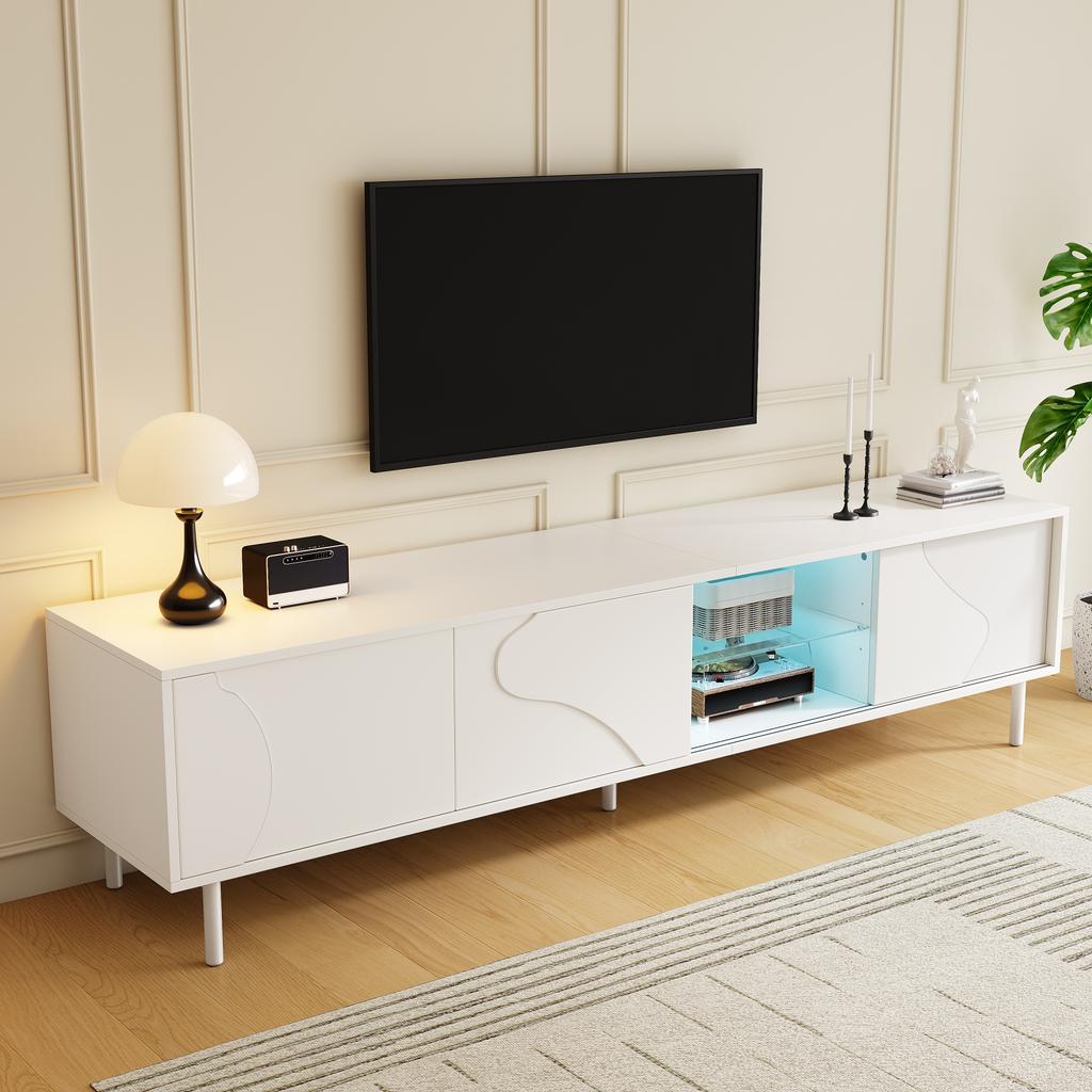 White TV Cabinet with Three Sliding Doors, MDF, Glass Shelf, App-controllable LED Lighting, Thin Steel Legs, Minimalist Living Room Storage Cabinet