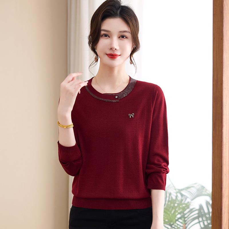 

Spring & Autumn Nine-Sleeve Plus Size Knitwear for Middle-Aged Women, Lapel Wool Base Layer T-shirt 3XL [65-72.5 kg]