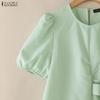 ZANZEA Women Casual Round Neck Solid Color Puff Short Sleeve Blouse