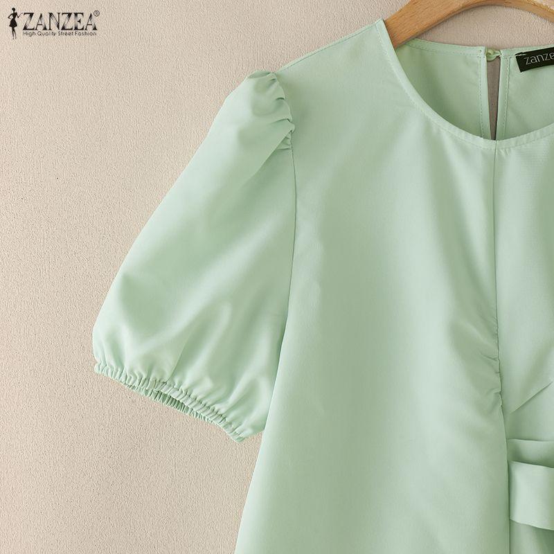ZANZEA Women Casual Round Neck Solid Color Puff Short Sleeve Blouse