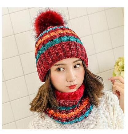 Hat Ladies Winter Trendy Autumn Winter Cute Versatile Knitted Mask Scarf Fleece Cycling Ear Protector Wool Cap