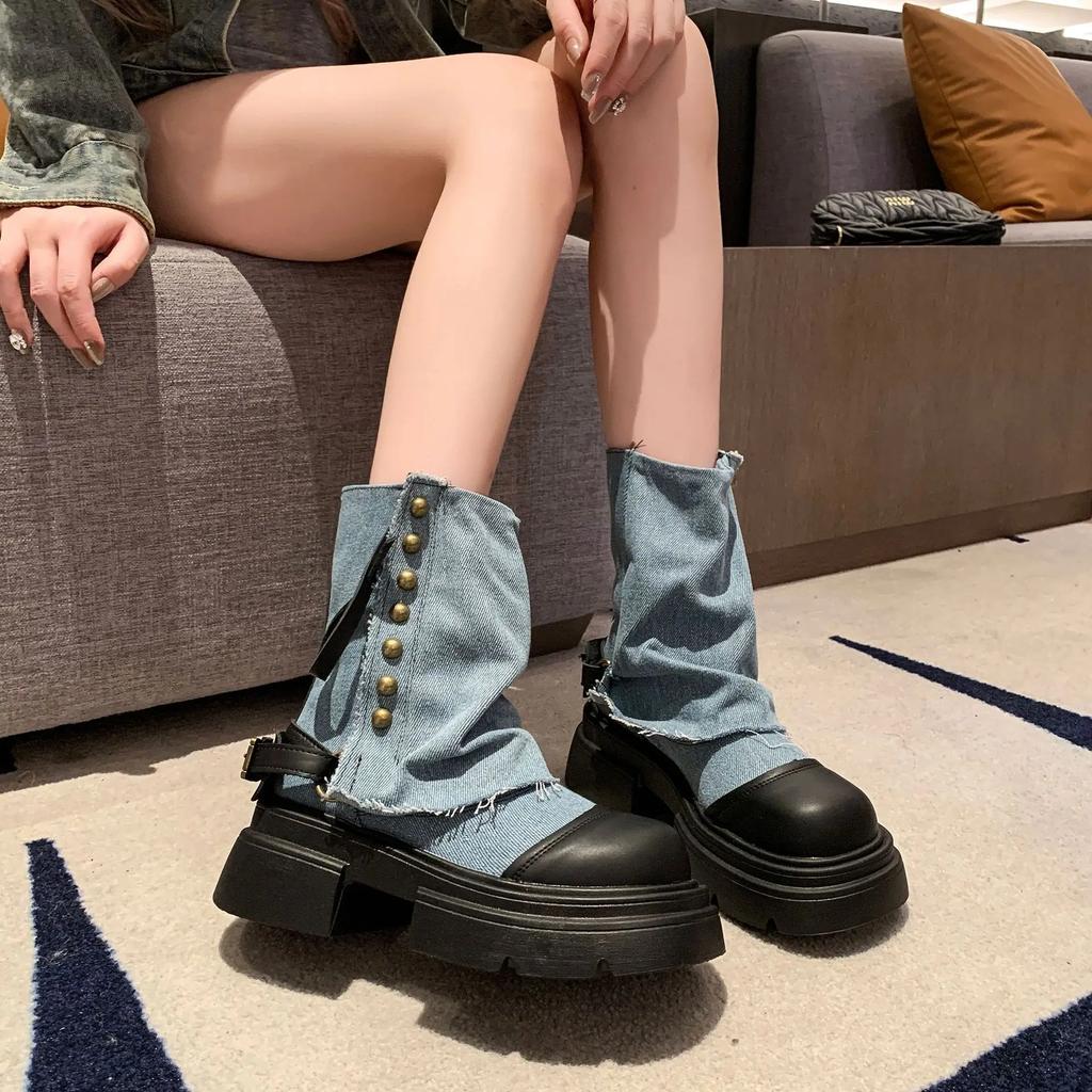 Women Boots British Pants Leg Boots New Thick Soled Rivet Zipper Belt Buckle Platform Anti Slip Cowboy Short Boots