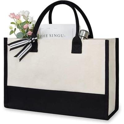 A-Z Letter Canvas Tote Bag Women Large Capacity Shoulder Handbag Contrast Color Thick Fabric Reusable Shopping Bag