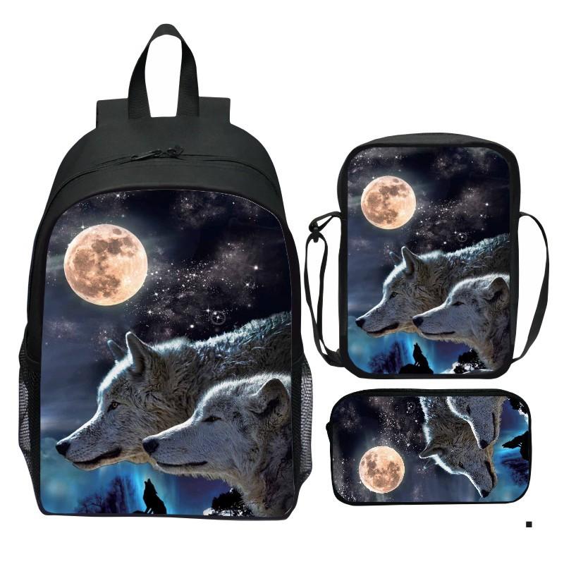 Nieuwe bedrukte cartoon wolf set rugzak, dierlijke college stijl rugzak, kleine schoudertas, etui