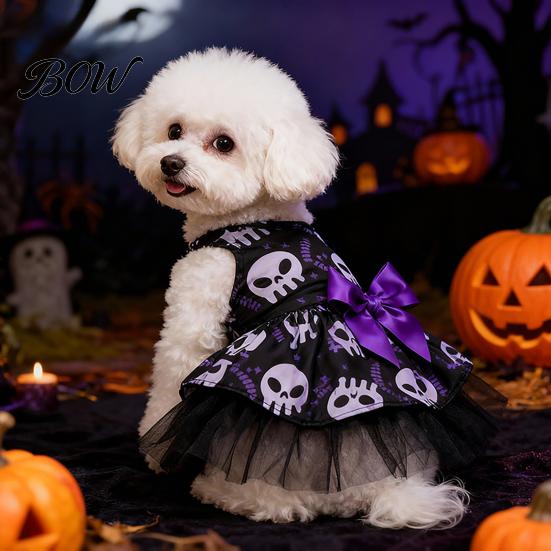 Puppy Dress Halloween Dog Tulle with Bow, Skull Print Pet Outfit, Girl Party Costume for Small Dogs Cats Comfortable Clothing