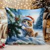 1pc Pillow Cover, Christmas Cat Print 2D Flat Printed Pillowcase, Soft and Comfortable Polyester Short Plush Fabric, Single-Sided Print, Pillow Insert