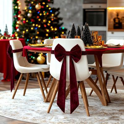 Elegante Capa de Veludo Vermelho Vinho para Encosto de Cadeira com Laço e Tiras para Festas de Natal, Banquetes, Decoração de Casamento