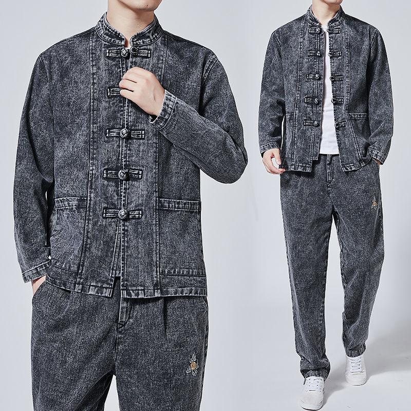 Stand Collar Washed Denim Set Men Chinoiserie Youth Casual Streetwear Tangzhuang Men's Denim Jacket and Jeans