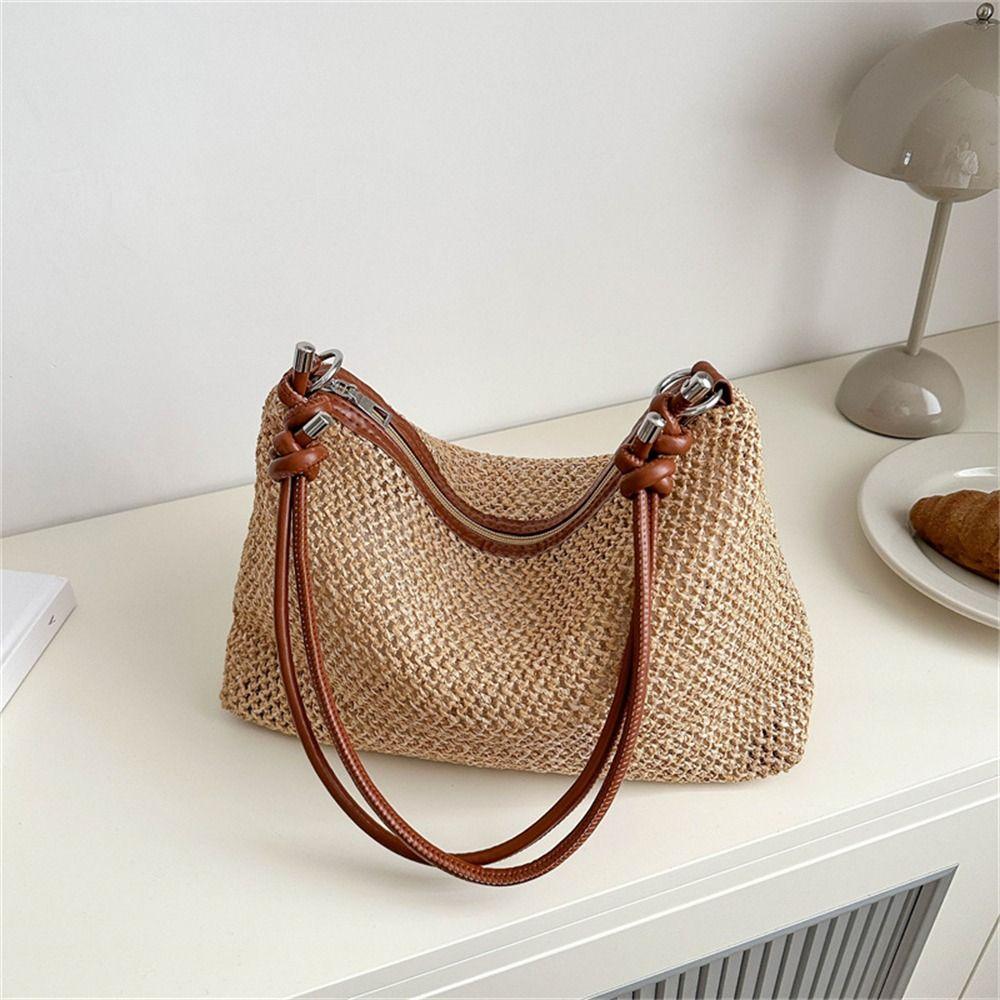 Borsa di Paglia in Rattan Moda Intrecciata Grande Capacità Borsa a Mano Intrecciata a Mano Borsa a Spalla Estate Spiaggia