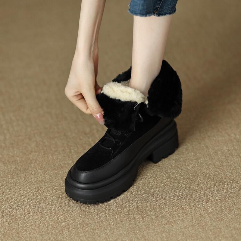 2024 New Popular Cross-Tied Women Ankle Boots Winter Warm Wool Snow Boots Genuine Leather Thick Heels Casual Outdoor Shoes Woman