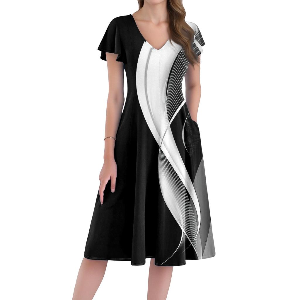 Women's Casual Fashion V-neck Short Sleeve Print Dress With Pockets