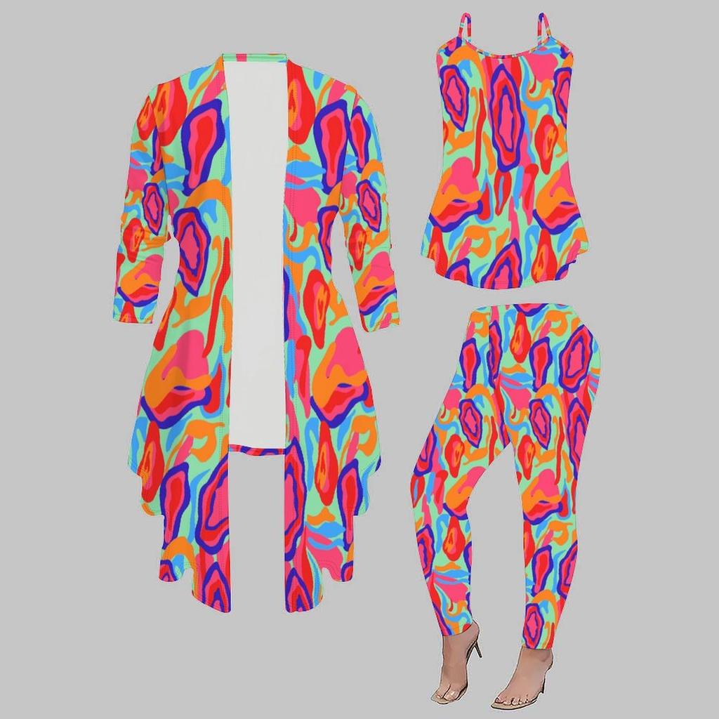 Plus Size Geometric Pattern Print 3 Piece Outfit, Long Sleeve Open Front Cardigan Cami Top Leggings Set for Women