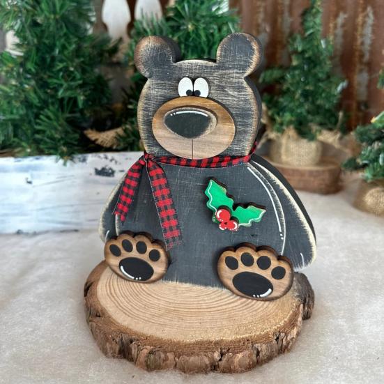Bear Ornament Wooden Block Rustic Bear Sign Cartoon Xmas Bear