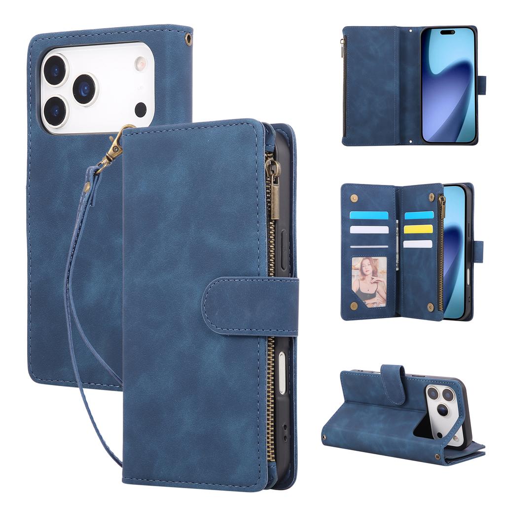 For iPhone 17 Pro Max Case Zipper Wallet Multiple Card Slots Leather Phone Cover with Wrist Strap