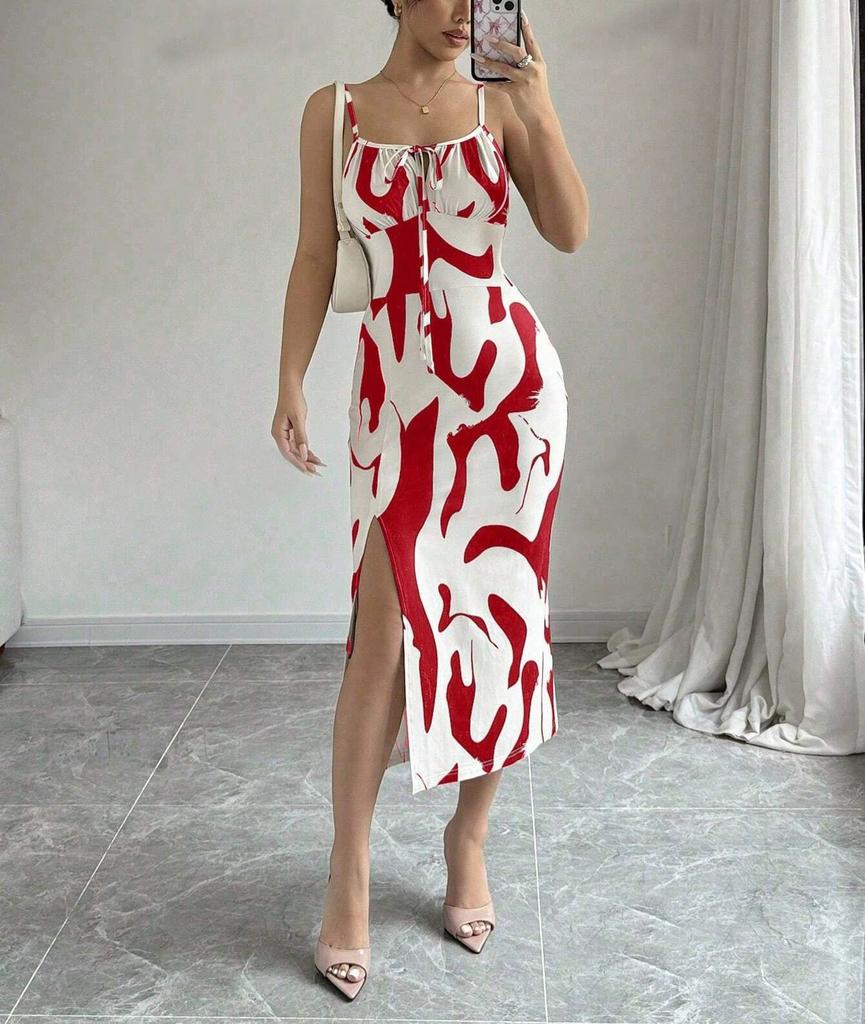 Women's Clothing European, American Spring and Summer New Fashion Printing Slim-fitting Suspender Split Dress Waist