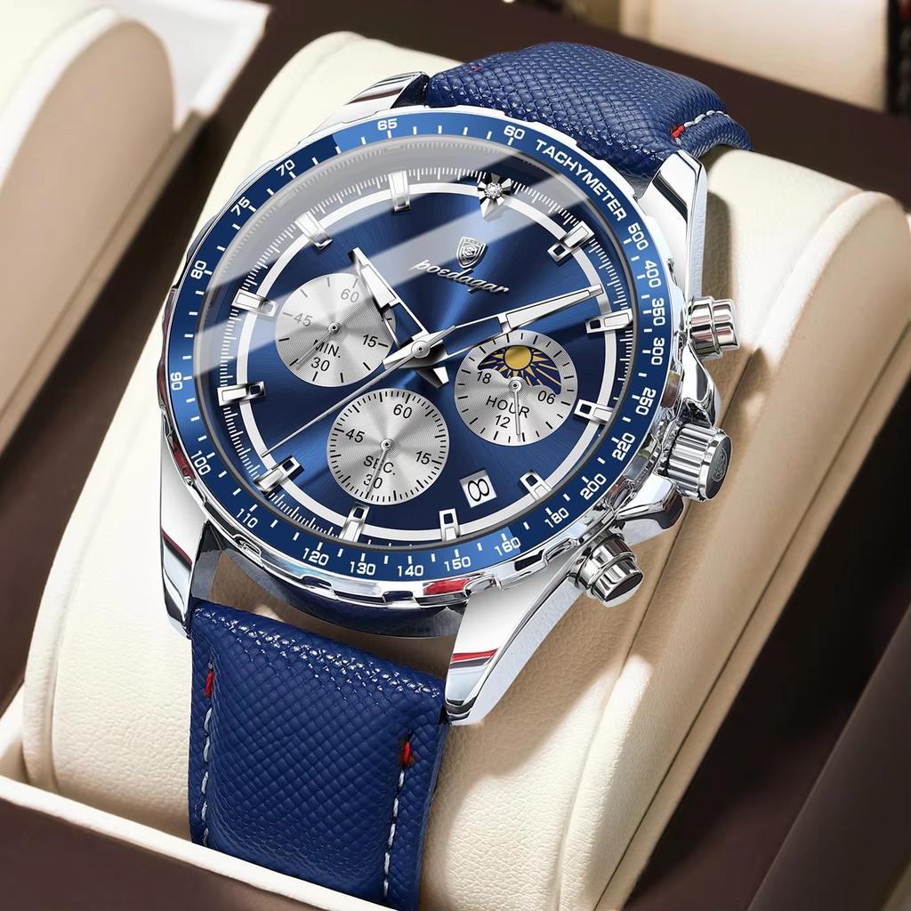 Mens Watches Multifunctional Chronograph Watch For Men 30M Waterproof Luminous Moon Phase Quartz Wristwatches Box