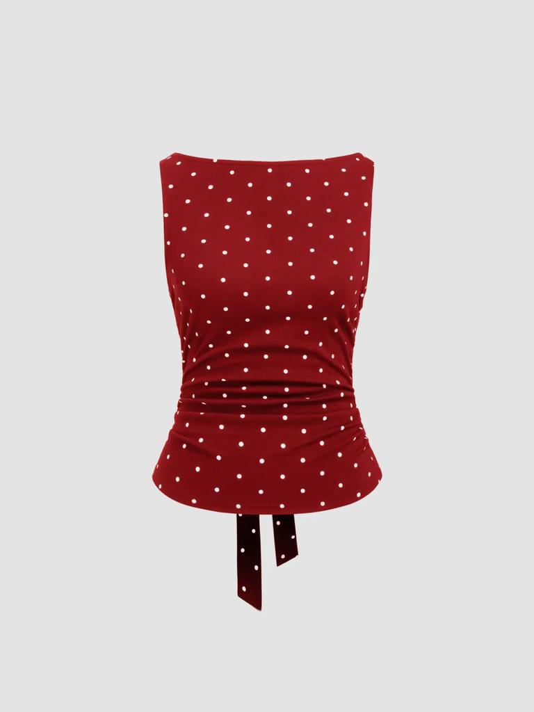 American Polka Dot Bottom Shirt Women's Summer Boat Collar Retro Pleated Waist Skinny Vest Sexy Spice Sleeveless Top