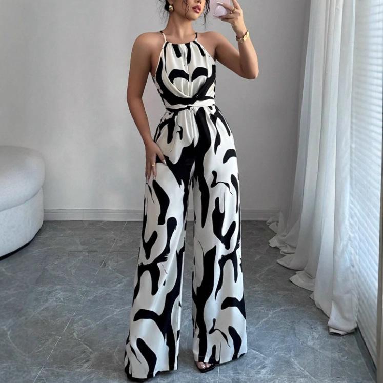 Mono de mujer versátil con cinturón de corbata, estampado, pierna ancha, halter