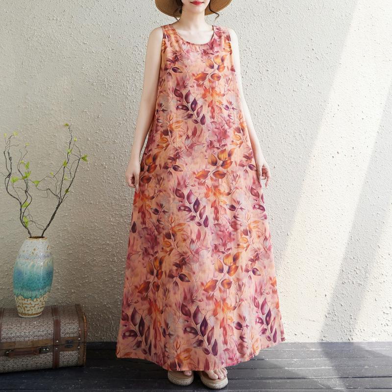 Real shot summer new bohemian long dress fattened plus sleeveless crew neck printed dress women