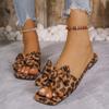 Fashion Fashion Leopard Bowknot Decoration Fabric Slippers Women Summer Square Toe Flat Heel Slip On Sandals Sweet White Beach Shoes