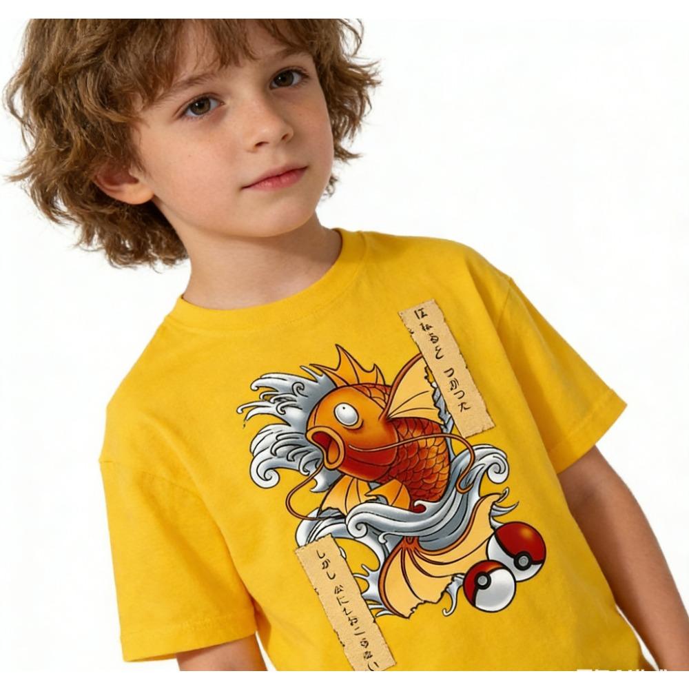 Pok É Mon Retro Carp King Magikarp Wave Short Sleeve T-shirt Loose Children's Top Cotton Summer New Trend