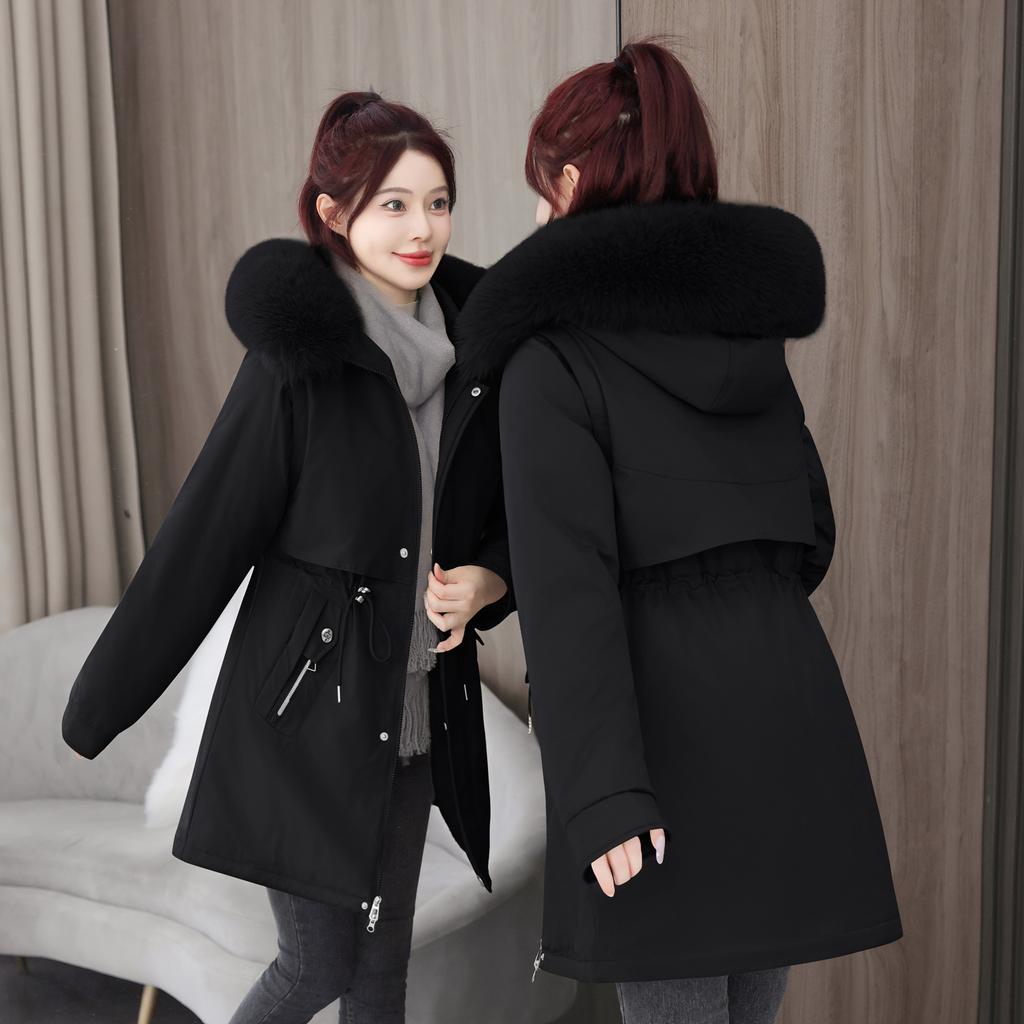 Parker New Women's Korean Style Mid-length Slim Cotton Coat Winter Plus Velvet Large Fur Collar Coat for Women
