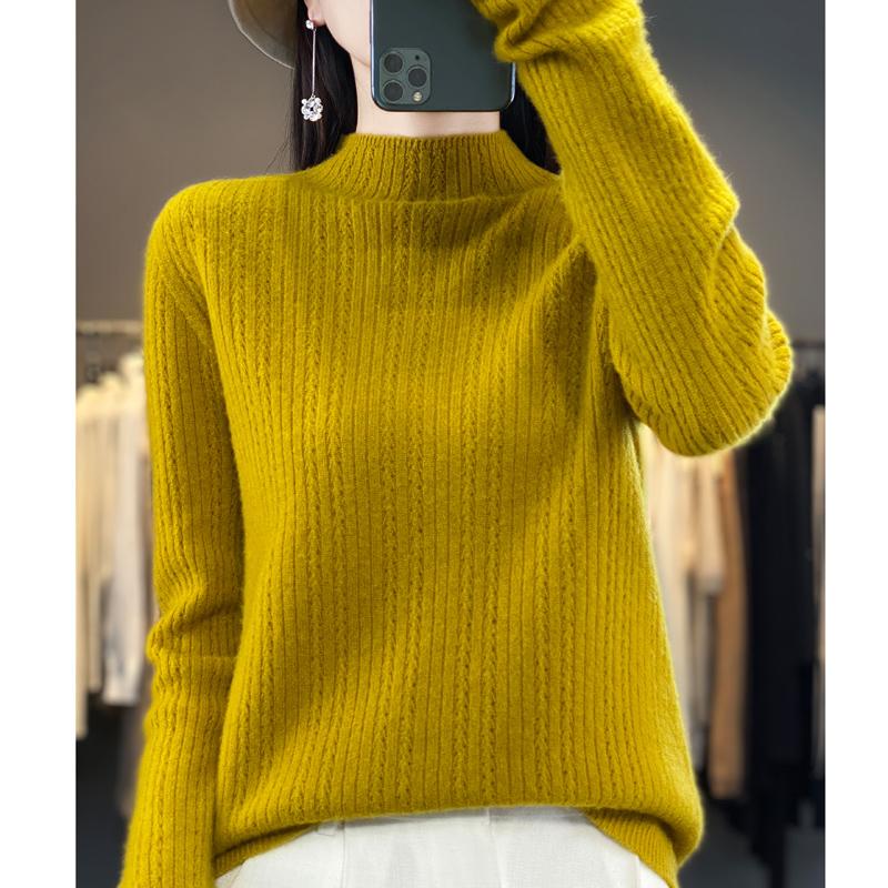 Damski sweter z półgolfem, kaszmir Qinghe, 30% kaszmiru, 70% wełny, zimowy sweter dzianinowy, jesienny sweter kaszmirowy