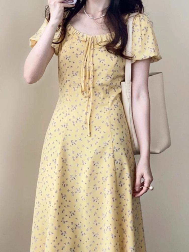 Dopamine Wears French Yellow Floral Dress Women's New Summer Beautiful Long Dress Small Man