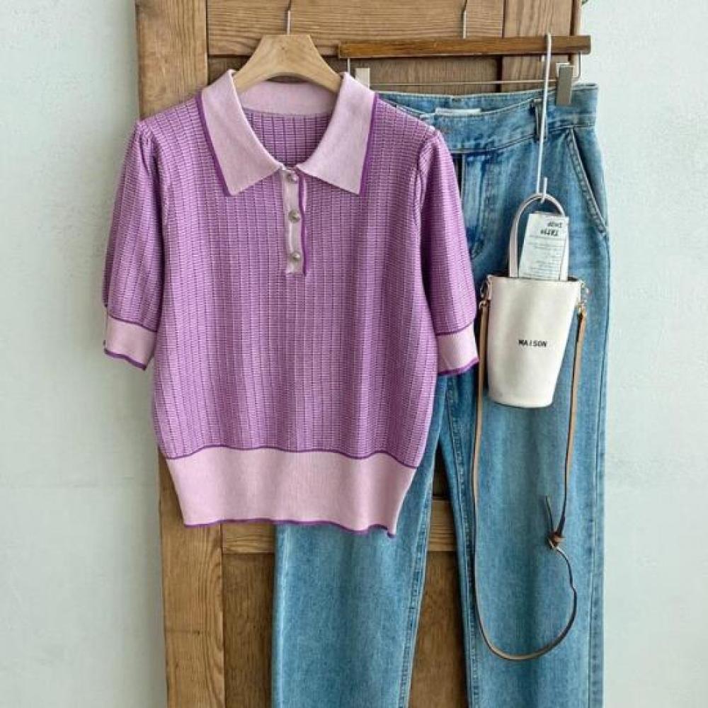 New ArrivalS Open Run Women S Puff Sleeve STripe KniT Two Tone T ShirT