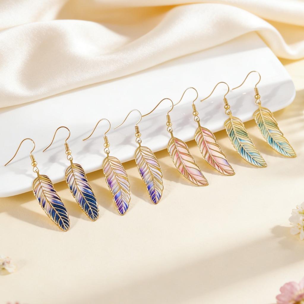 Gradient Feather Dangle Earrings Iridescent Enamel Leaf Drop Earrings Gold Tone Hook Earrings for Women