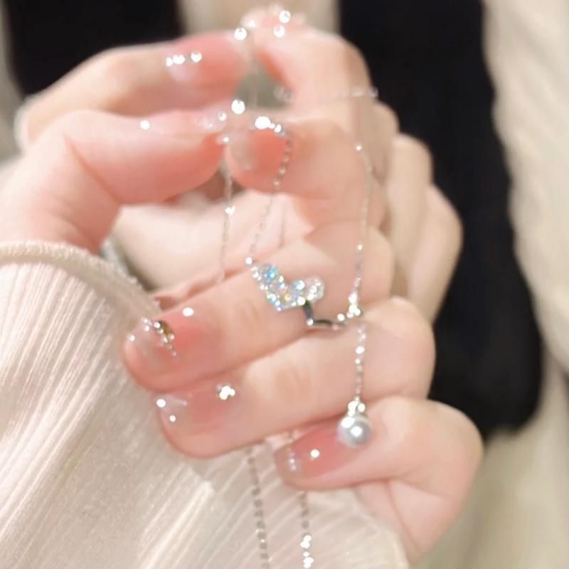 S925 Sterling Silver Love Pearl Necklace Female Niche Design Sense Sweet Girl Heart Pendant up & down streaming Su Collarbone Chain