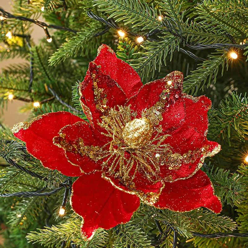 Christmas Flowers Glitter Artificial Flower Xmas Tree Hanging Ornaments DIY Garlands Home Wedding New Year Party Decoration Gift