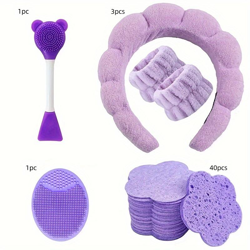 

Facial Cleansing Kit 5-in-1-40pcs Natural Pulp Flower Sponges, 3pcs Wristbands & Headband, 2pcs Silicone Brushes - Alcohol-Free Skincare Tools