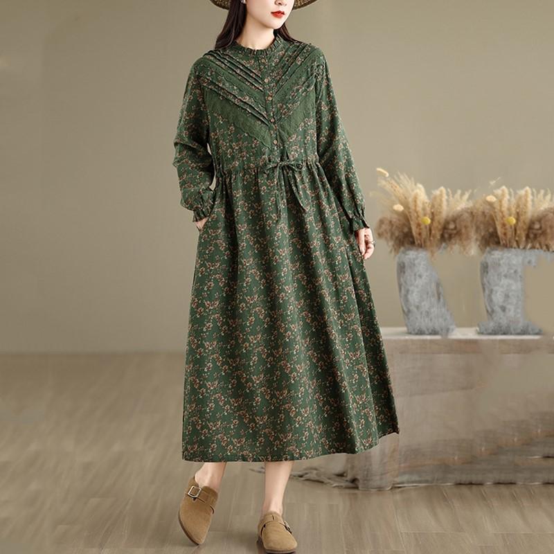 long sleeve Plus size Cotton linen vintage floral new in dresses for women casual loose long spring autumn dress