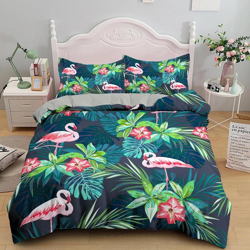 3D Flamingo Printed Beding Set King Quen Sized Dimensions Carton Pink Animals Soft Duvet Cover Featuring Pilowcases 2/3pcs Polyester Comfortable Quilt