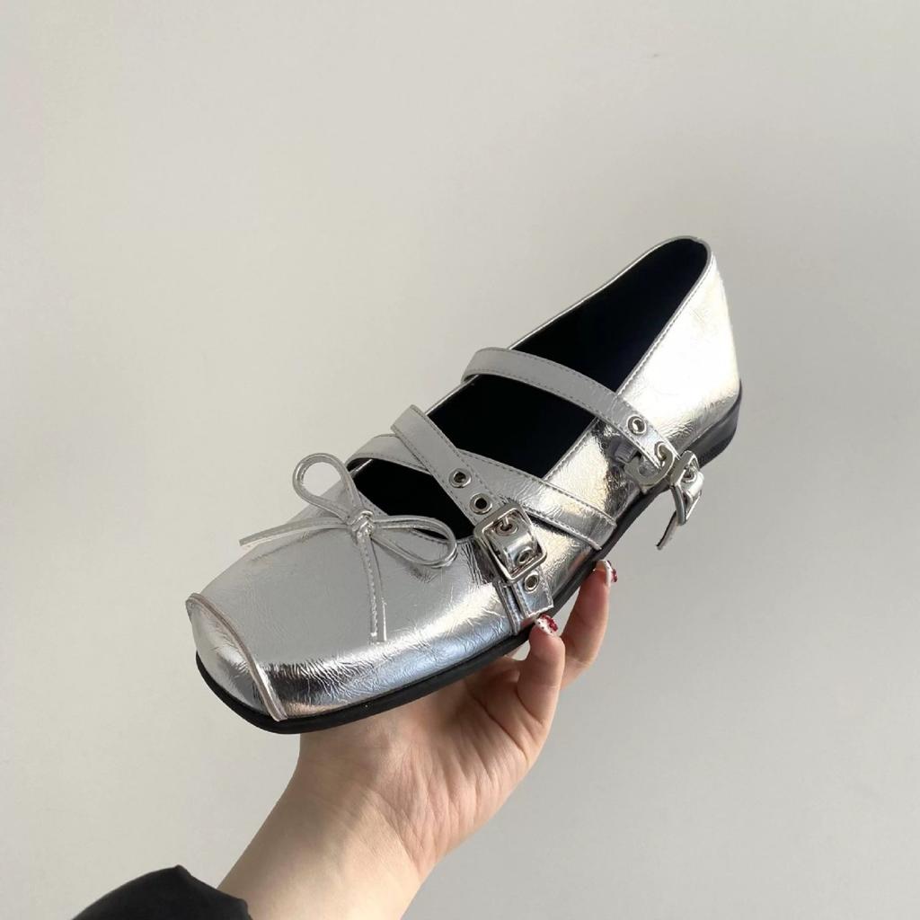 Cowhide version~ French square head bow light ** fork strap flat ballet shoes women's autumn Mary Jane single shoes