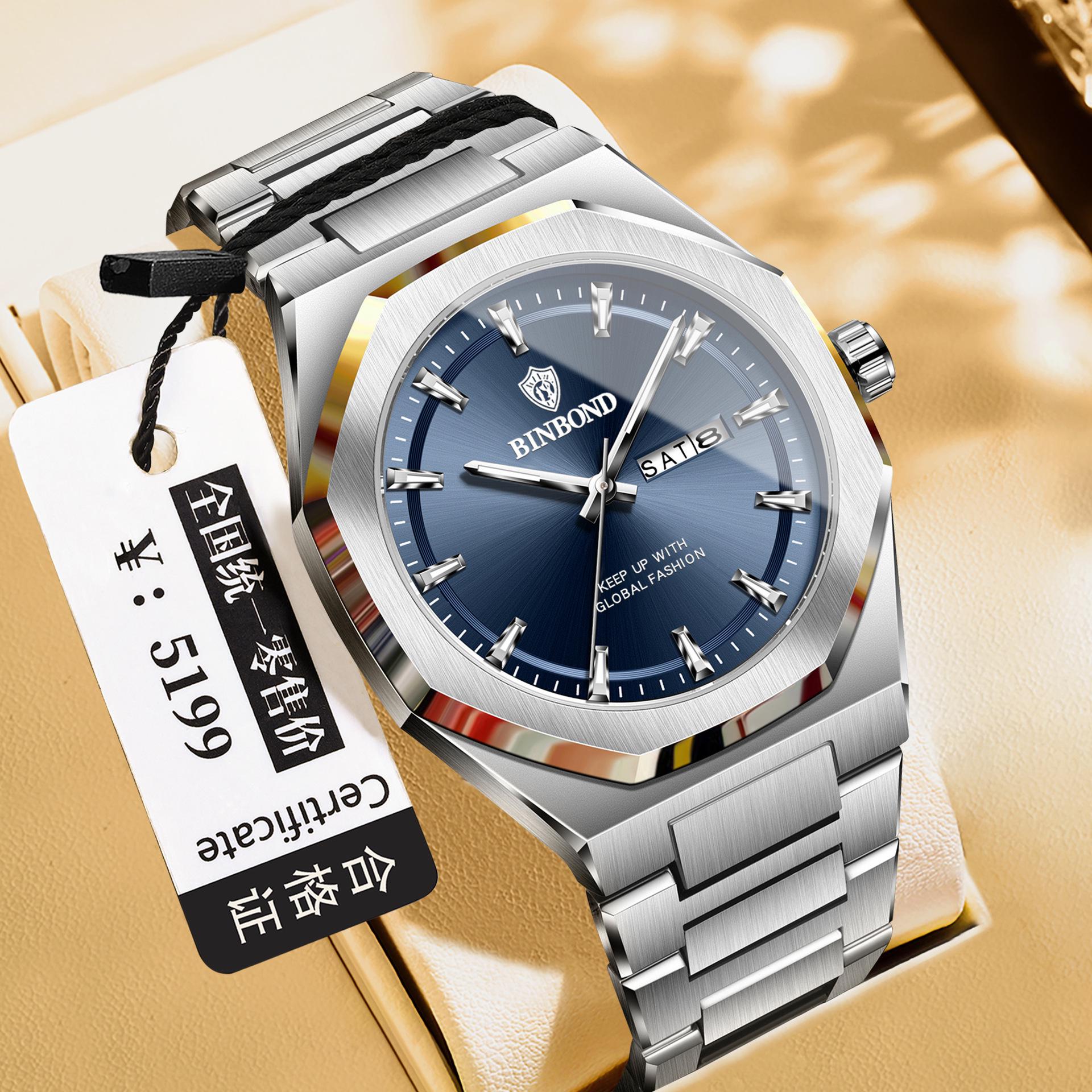 BINBOND Men s Luxury Waterproof Luminous Stainless Steel Quartz Sports Watch